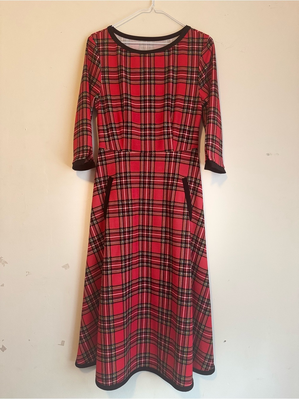 Red Plaid Long-Sleeve A-Line Dress with Black Trim